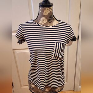 Madewell blue and white striped short sleeve blouse